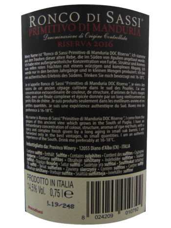 Thông tin rượu vang Ronco Primitivo di Manduria DOC Riserva 2016