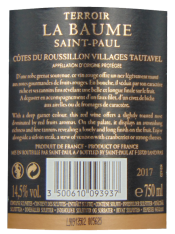 Thông tin rượu vang Terroir de la Baume Tautavel